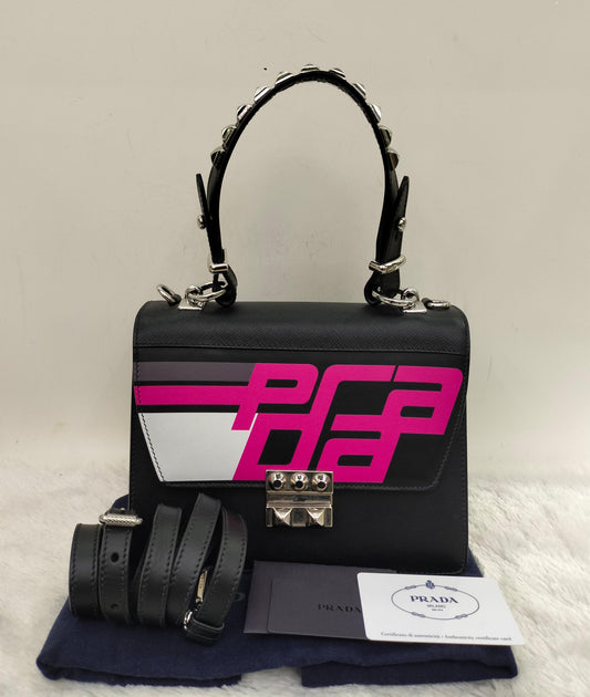 Prada City Calf Saffiano Nero Fuxia SHW