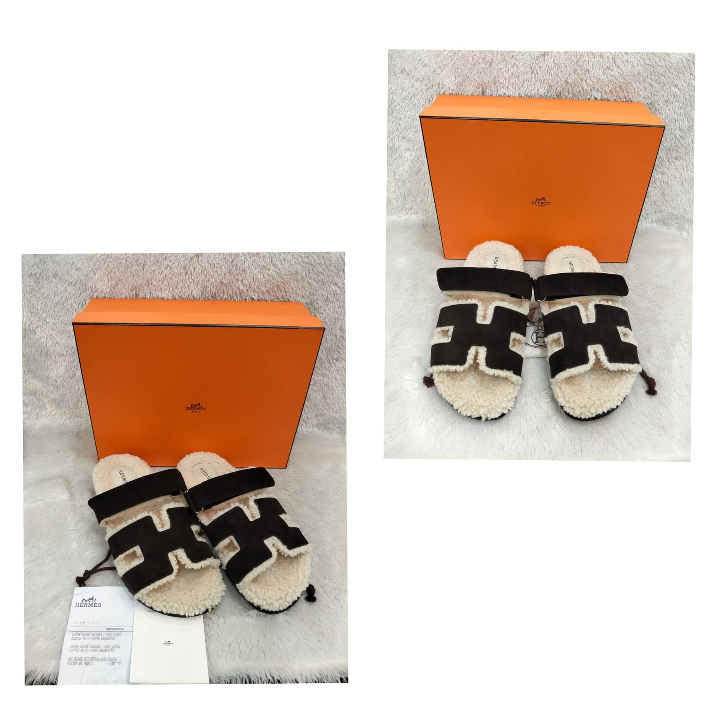 *NEW* Hermes Chypre Sandale Chevron Velours Peau Lainee Marron Ebene Ecru Size 41