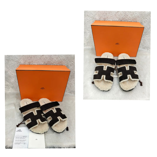 *NEW* Hermes Chypre Sandale Chevron Velours Peau Lainee Marron Ebene Ecru Size 41