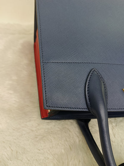 Prada Saffiano Bibliotheque 2 Way Tote Bluette Red GHW