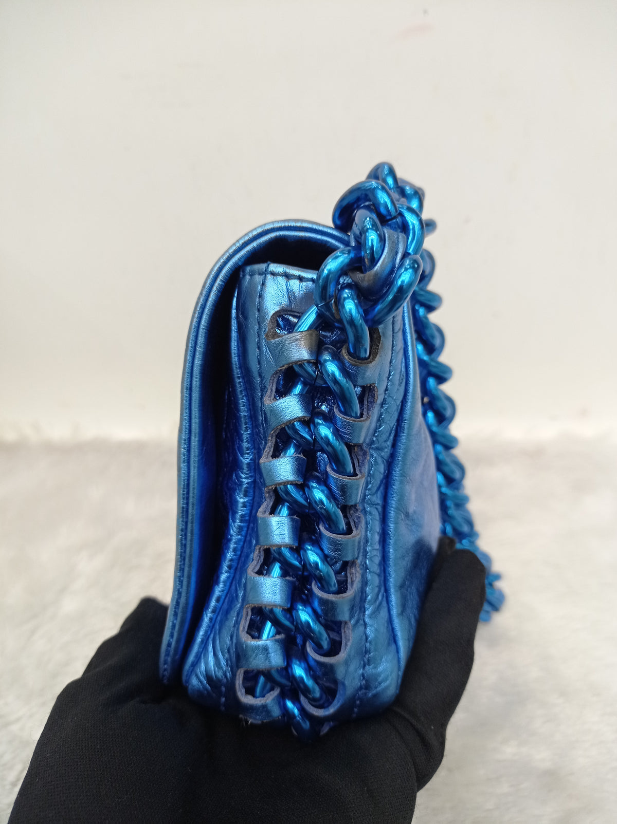 Chanel Modern Chain Flap Cracked Calfskin Metallic Blue #12