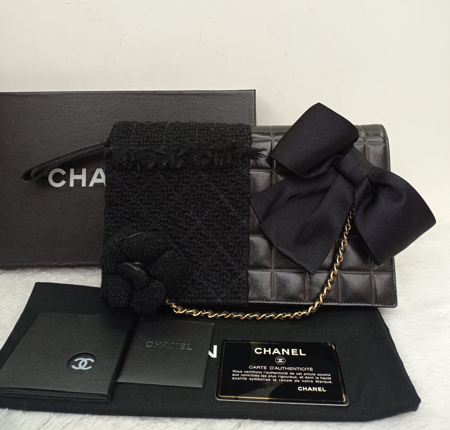 Chanel Clutch Tweed Leather Lamb Chocolate Bar Camelia Black GHW #7