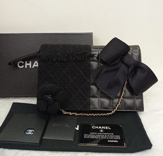 Chanel Clutch Tweed Leather Lamb Chocolate Bar Camelia Black GHW #7