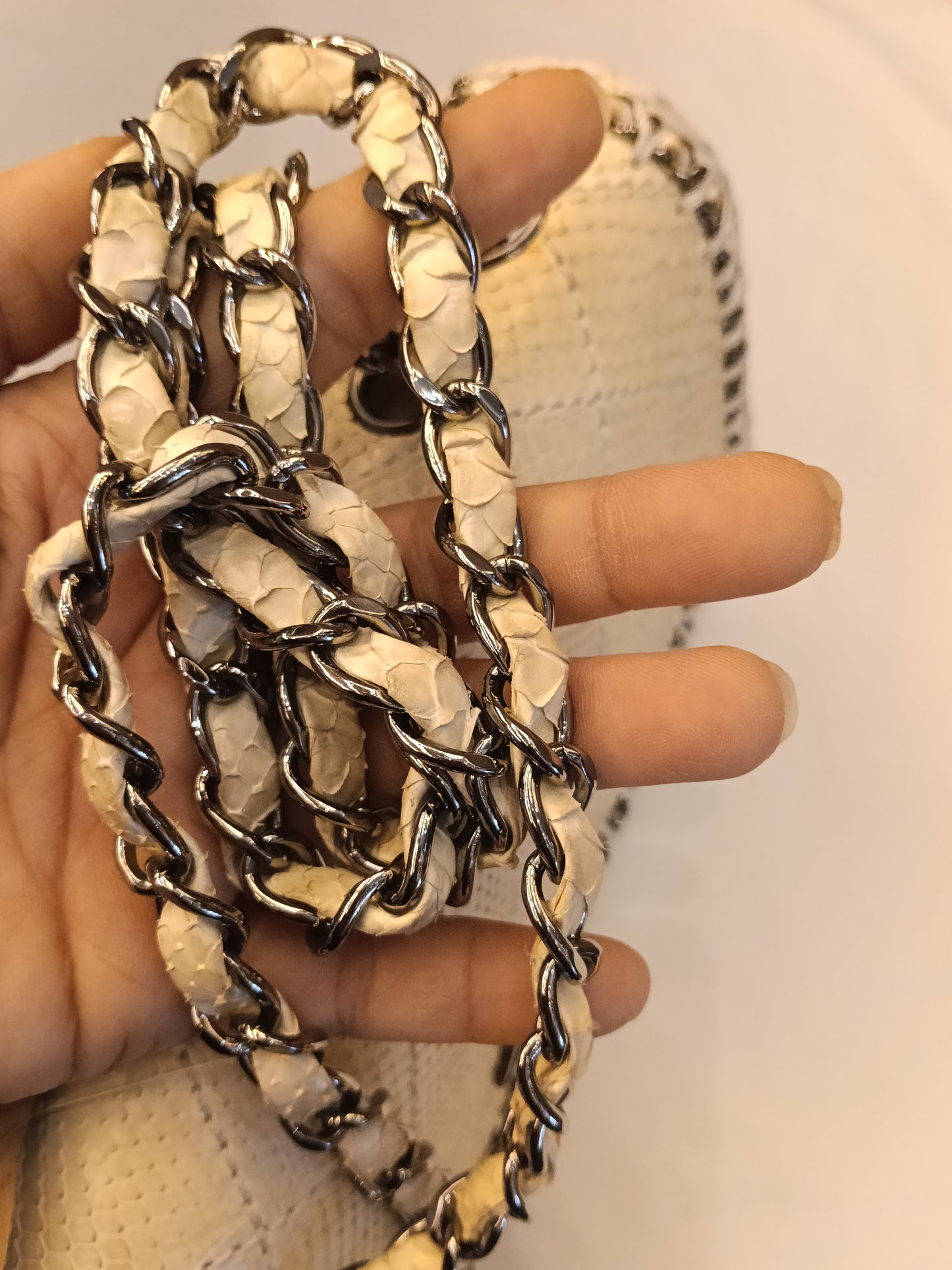 Chanel Turn Lock Flap Chain Python White SHW #11