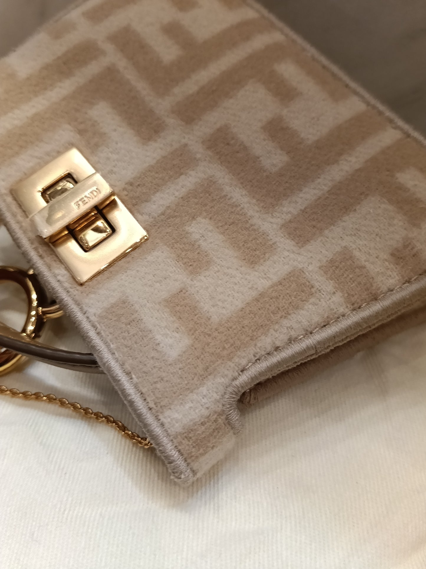 Fendi Peekaboo Nano Charm Embroidered FF Wool Beige Pink GHW