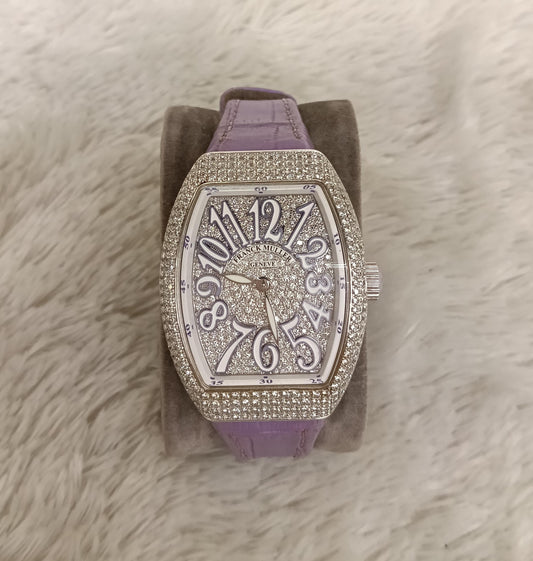 Franck Muller Vanguard Lady Steel Silver Tone Diamond Dial 32mm Purple Alligator strap Automatic Watch