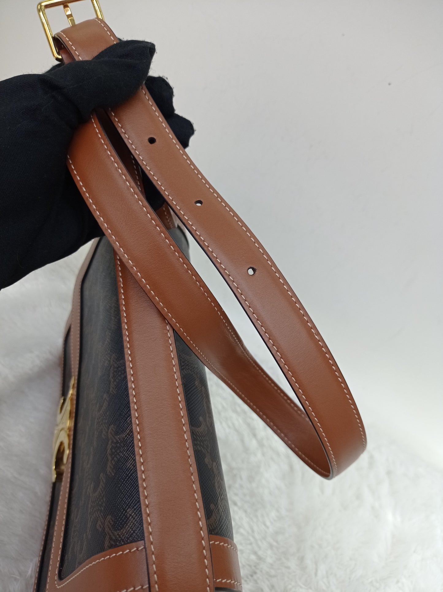 Celine Triomphe Medium Canvas Calfskin Border Tan GHW 2021