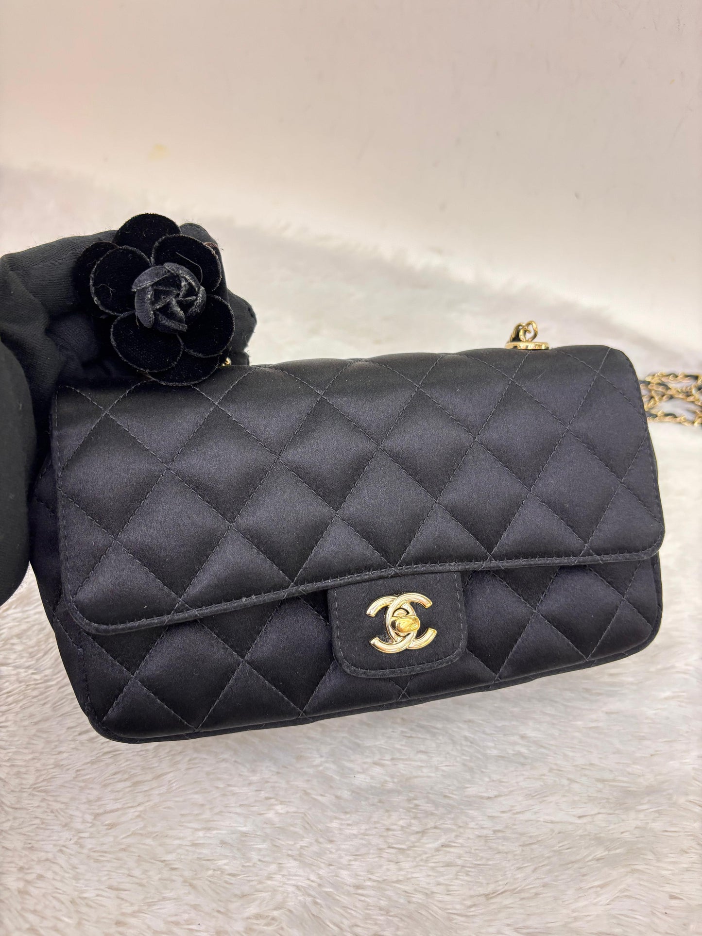 Chanel Mini Flap Satin Camellia Black GHW #21