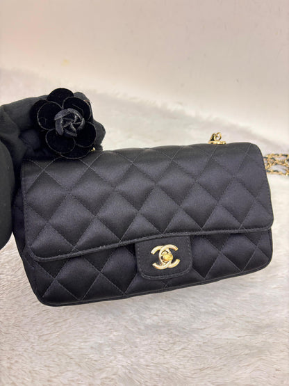 Chanel Mini Flap Satin Camellia Black GHW #21