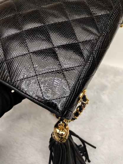 Chanel Shoulder Double Flap Tassel Lizard Black GHW #1