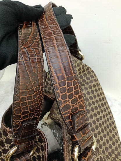 Celine Macadam Bittersweet Large Hobo Croco Embossed Chocolate SHW 2008