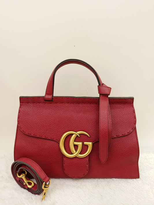 Gucci Top Handle Medium Marmont Grained Red GHW