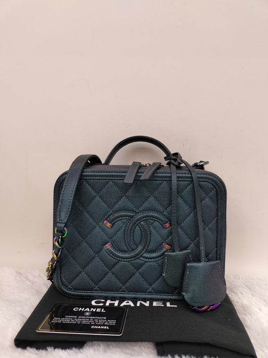 Chanel Filigree Vanity Case Medium Caviar Iridescent Rainbow Dark Turquoise #26