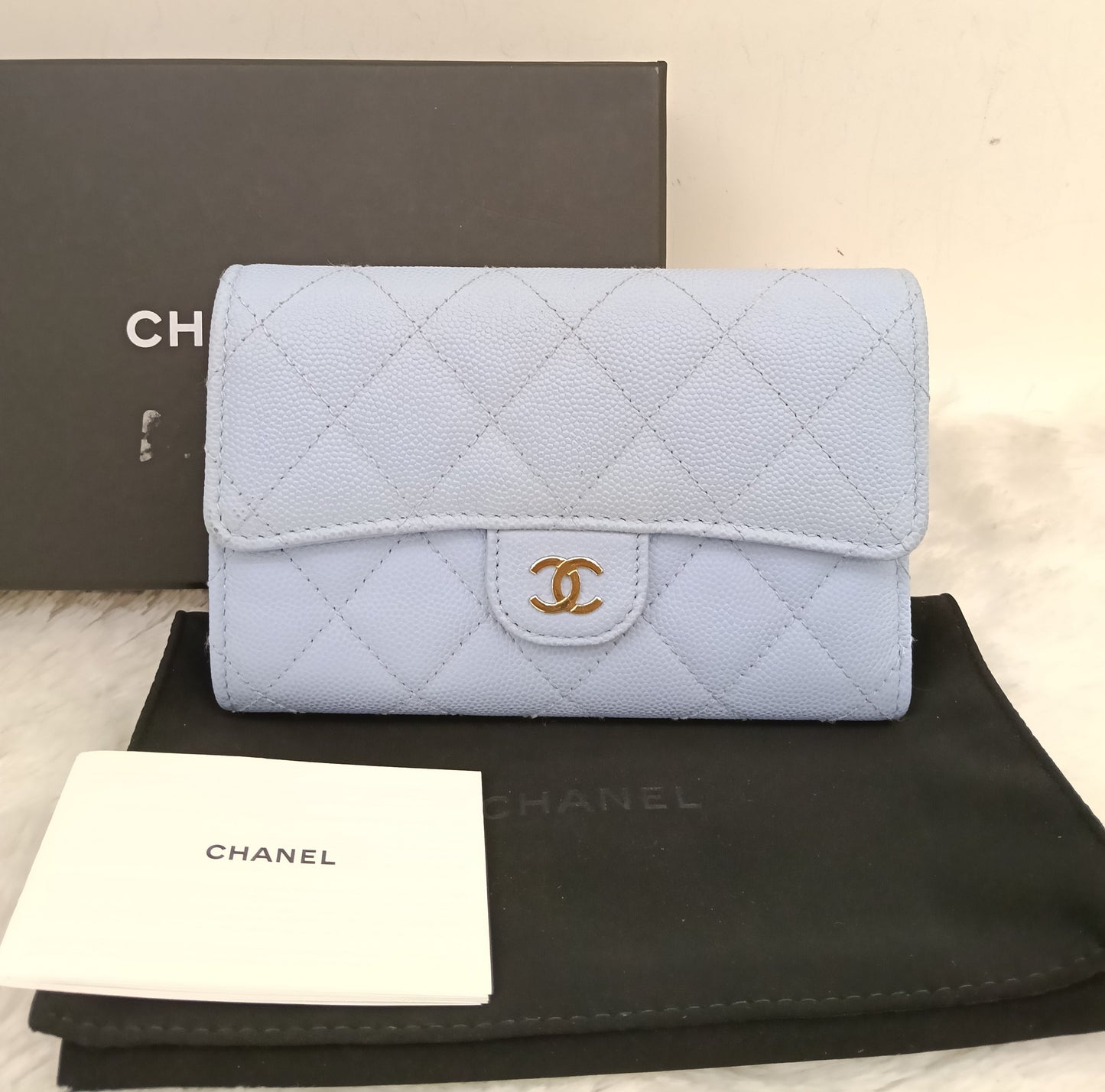 Chanel Trifold Wallet Caviar Light Blue LGHW (CHIP)