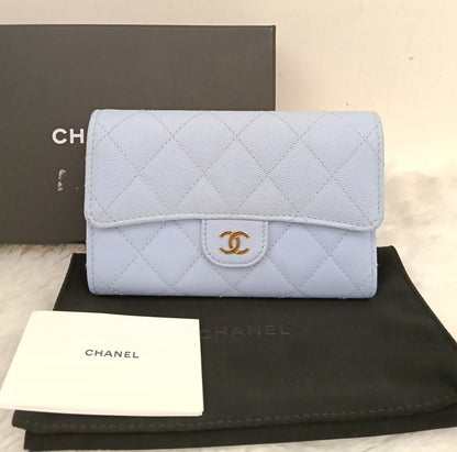 Chanel Trifold Wallet Caviar Light Blue LGHW (CHIP)