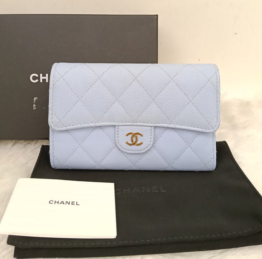 Chanel Trifold Wallet Caviar Light Blue LGHW (CHIP)