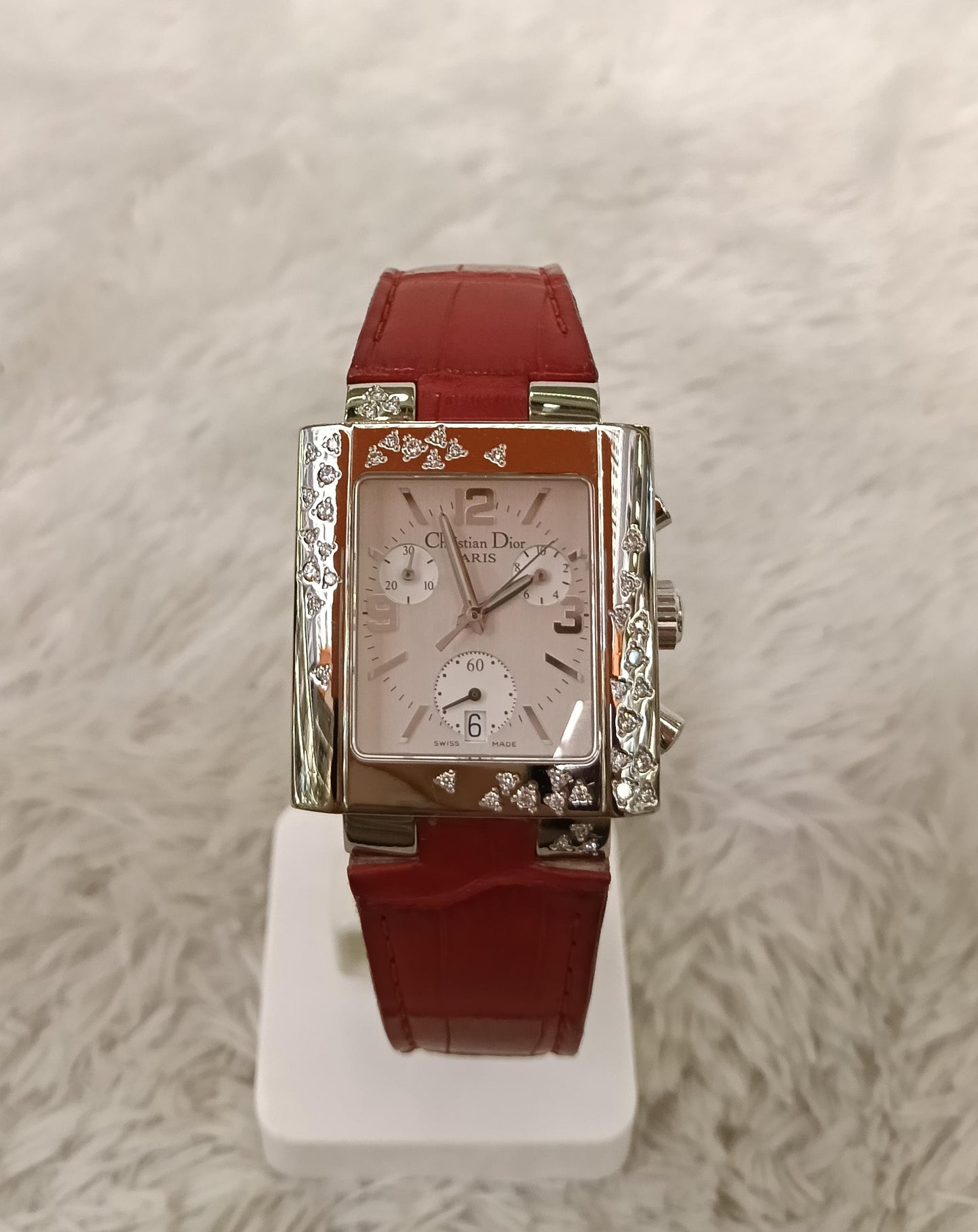 Dior Watch Riva Chronograph Silver Steel Diamonds Quartz Women's Croco Strap Red
