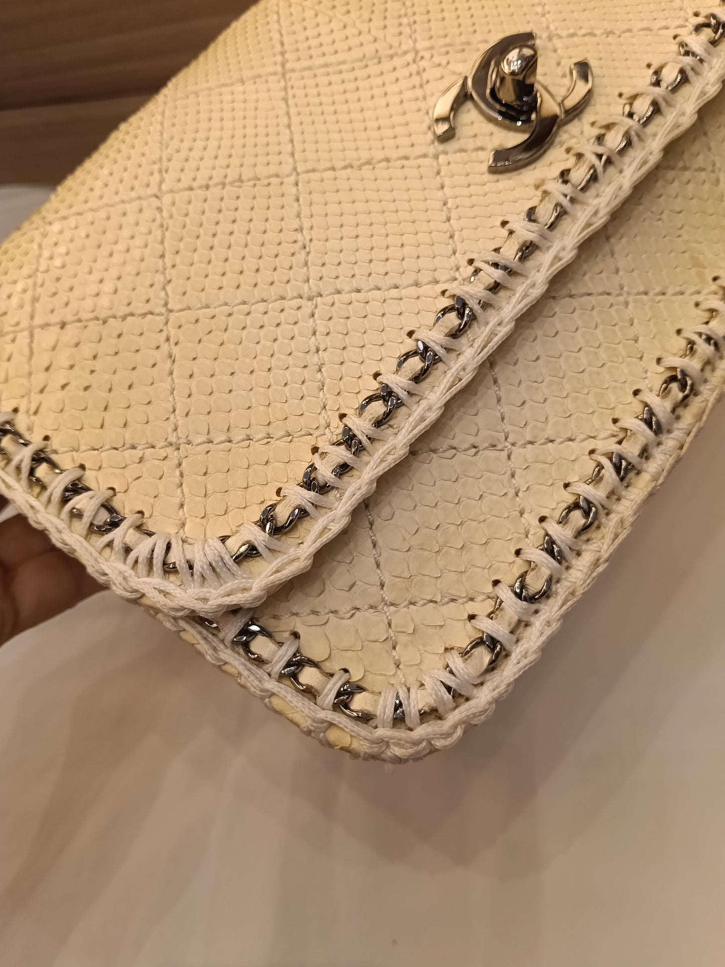 Chanel Turn Lock Flap Chain Python White SHW #11
