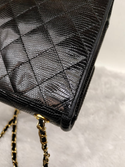 Chanel Shoulder Double Flap Tassel Lizard Black GHW #1