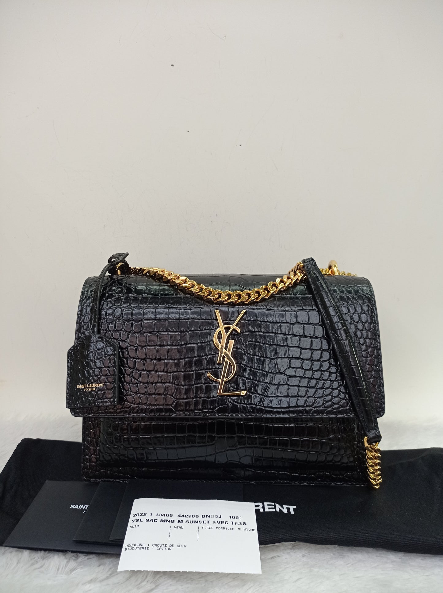 YsL Sunset Medium Croco Black GHW 2022
