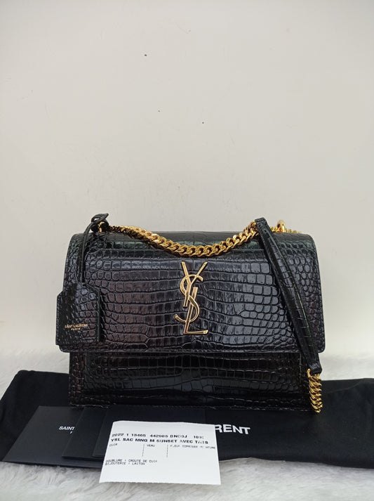YsL Sunset Medium Croco Black GHW 2022