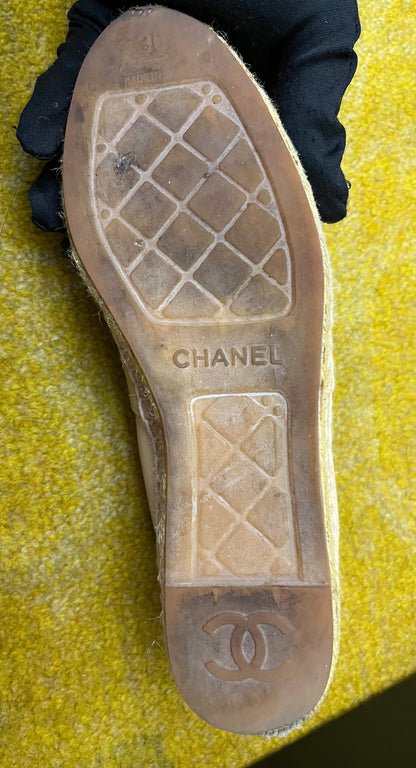 Chanel Espadrilles Leather Beige Black Size 36