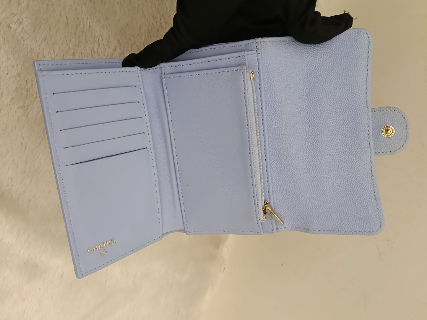 Chanel Trifold Wallet Caviar Light Blue LGHW (CHIP)