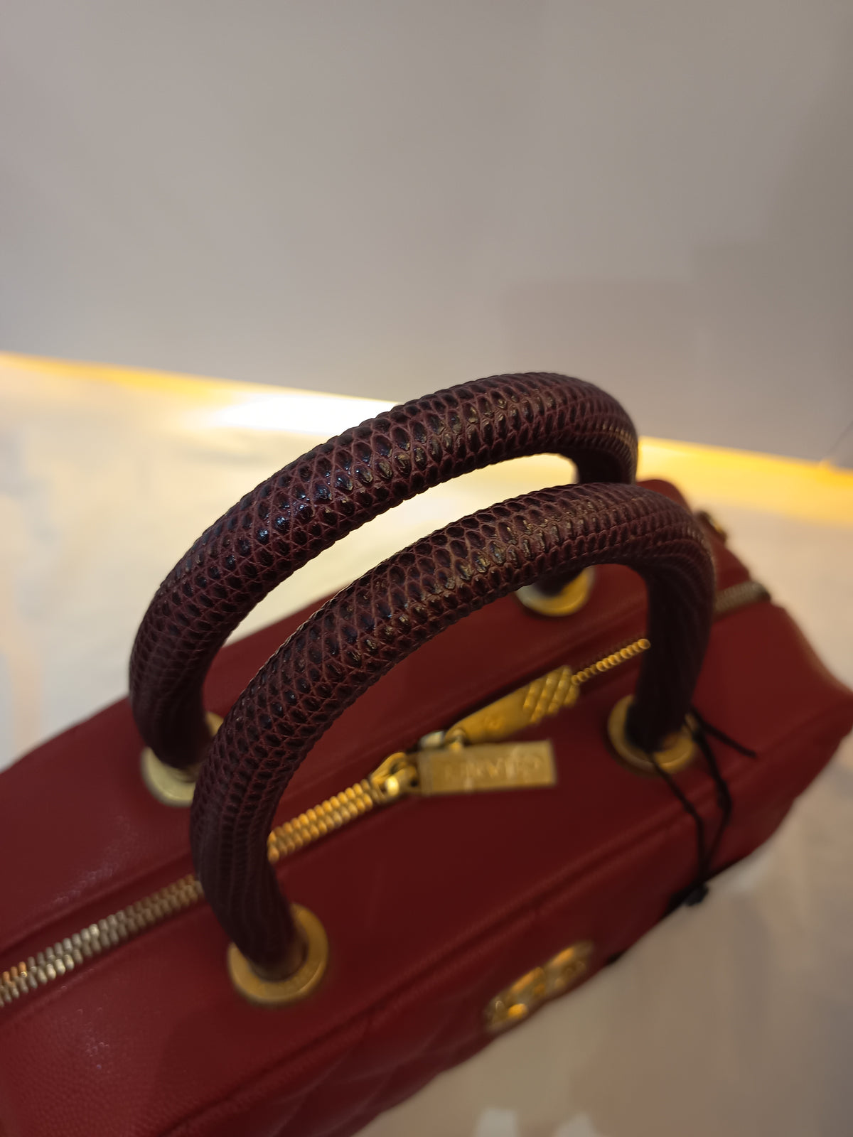 Chanel Bowling Top Handle Lizard Medium Caviar Red GHW #24