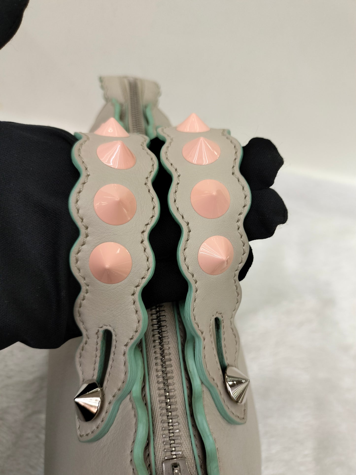 Fendi BTW Medium Vitello Dolce Scalloped Studded Pink Off White SHW 2016