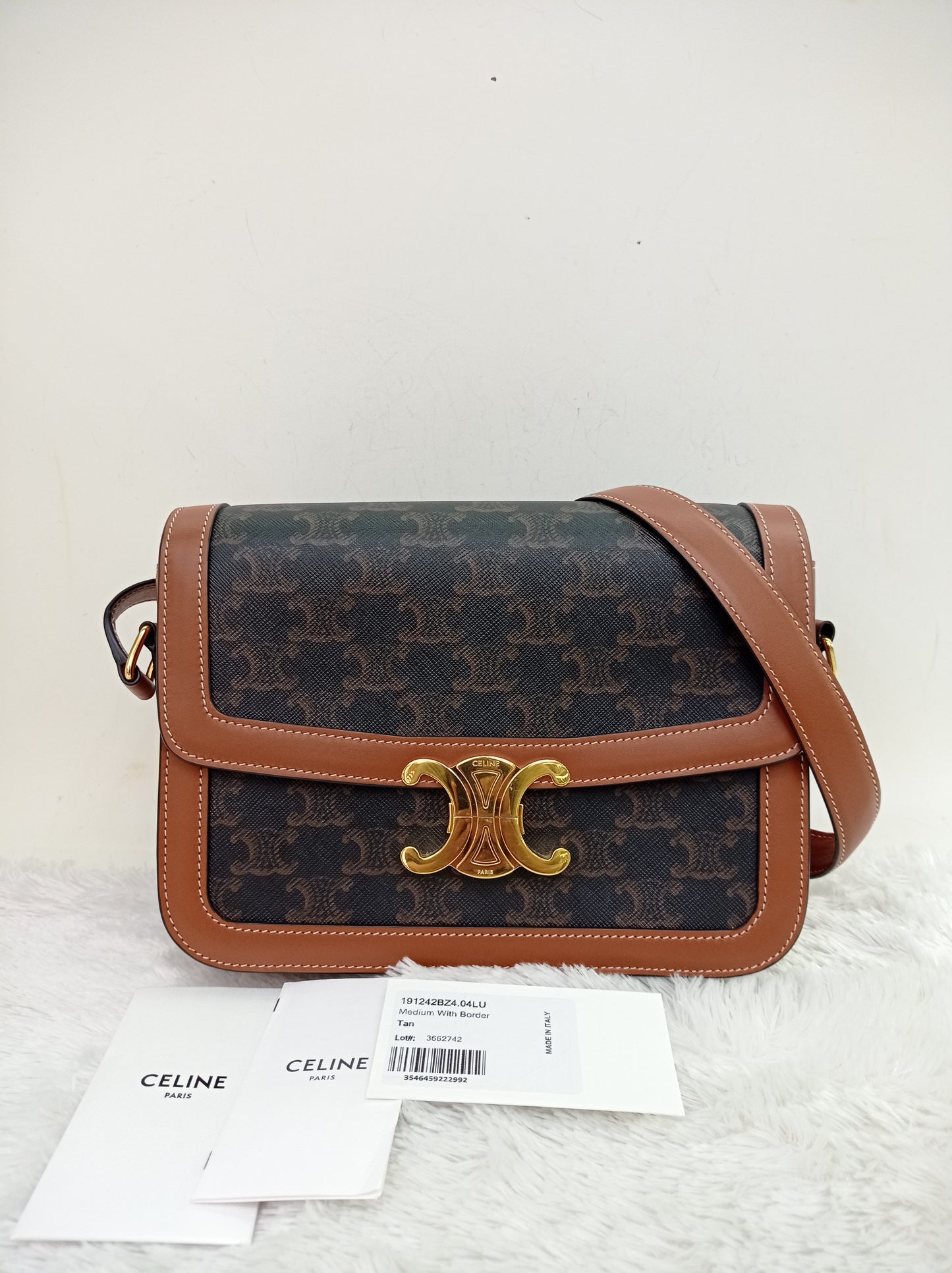 Celine Triomphe Medium Canvas Calfskin Border Tan GHW 2021