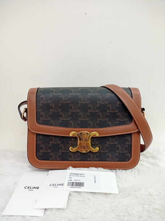 Celine Triomphe Medium Canvas Calfskin Border Tan GHW 2021