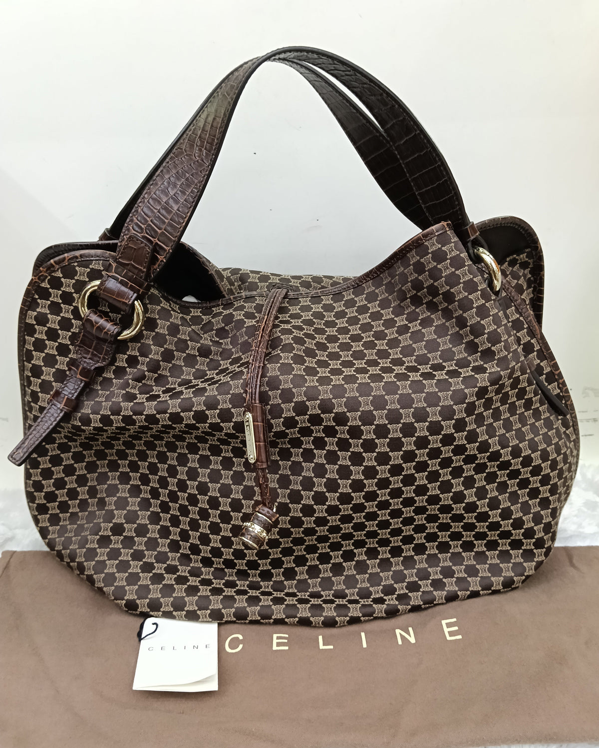 Celine Macadam Bittersweet Large Hobo Croco Embossed Chocolate SHW 2008