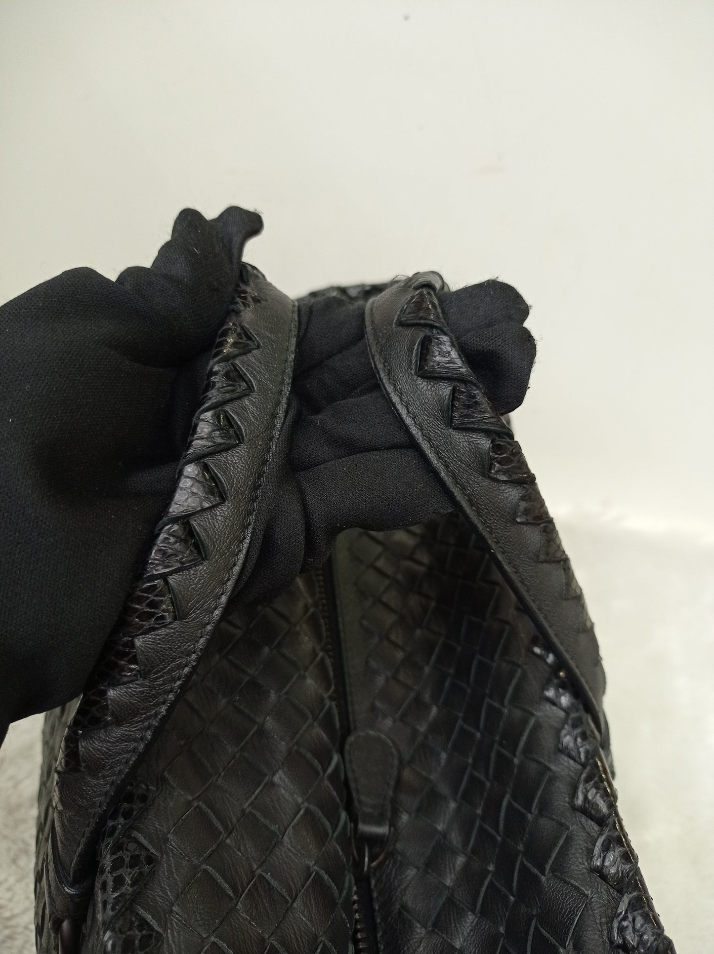 Bottega Veneta Nappa Intrecciato Ayers Brick Tote Black Snake Skin RHW
