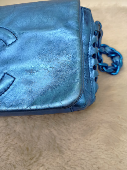 Chanel Modern Chain Flap Cracked Calfskin Metallic Blue #12