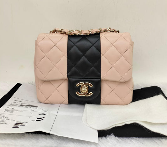 Chanel Mini Square Lamb Beige Black LGHW (CHIP)