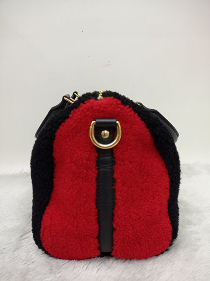 LV Bandou 25 Monogram Giant Fleece Teddy Shearling Black Red 2019