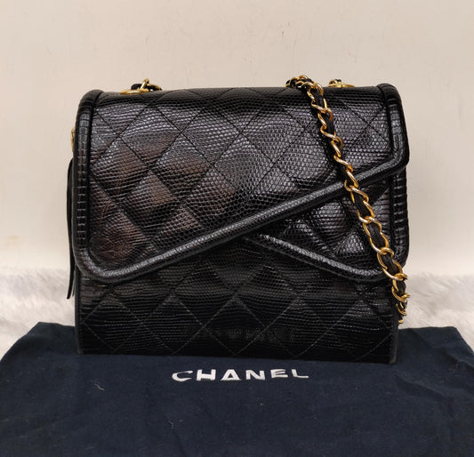 Chanel Shoulder Double Flap Tassel Lizard Black GHW #1