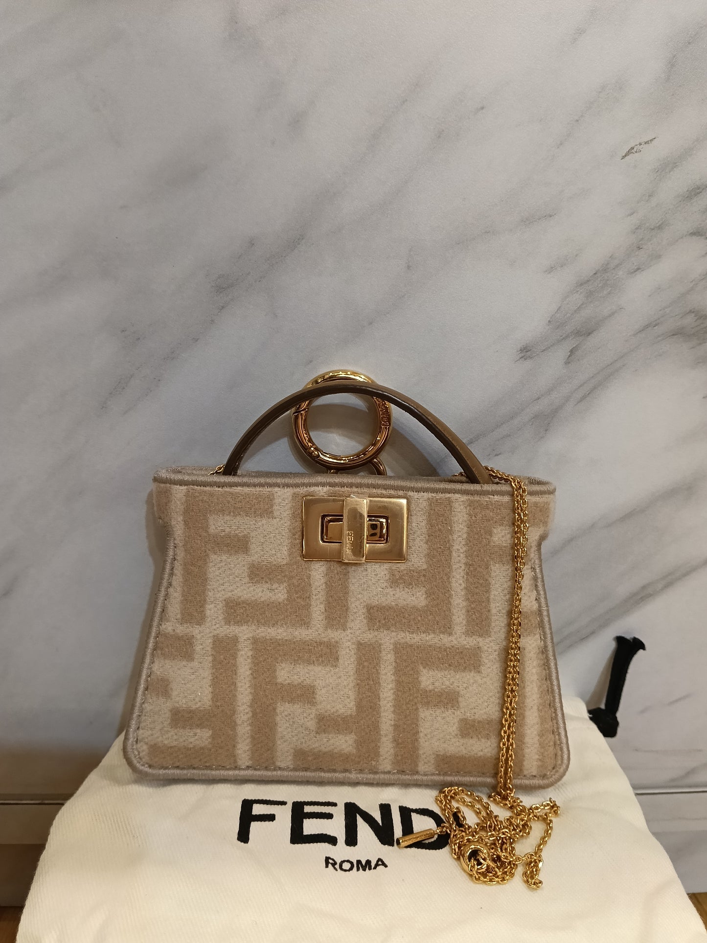 Fendi Peekaboo Nano Charm Embroidered FF Wool Beige Pink GHW