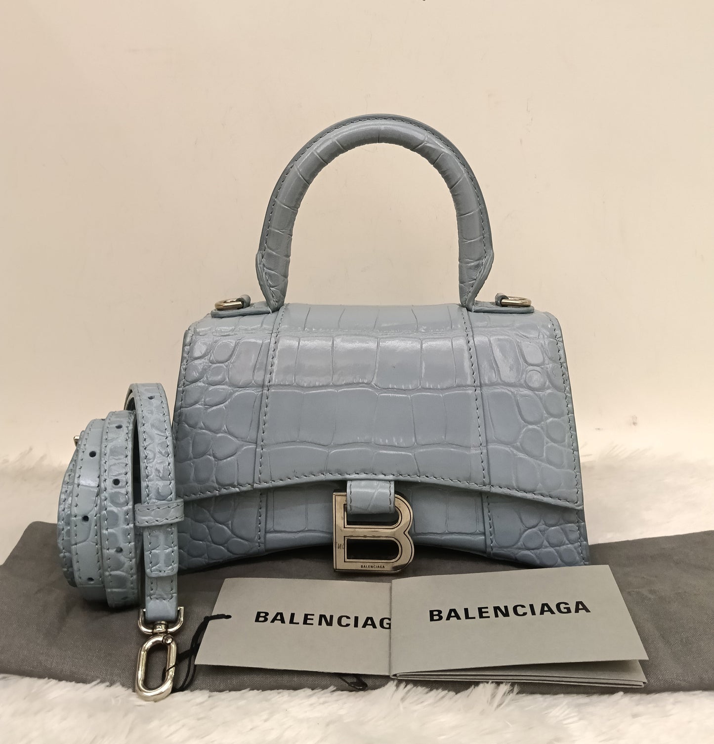 Balenciaga Hourglass XS Top Handle Croco Blue Grey SHW 2021