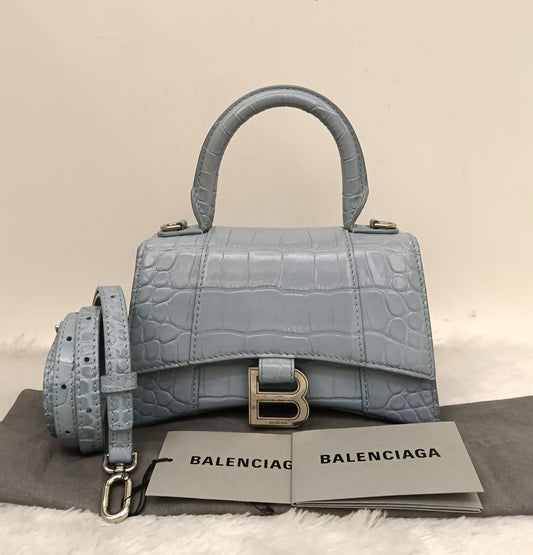 Balenciaga Hourglass XS Top Handle Croco Blue Grey SHW 2021