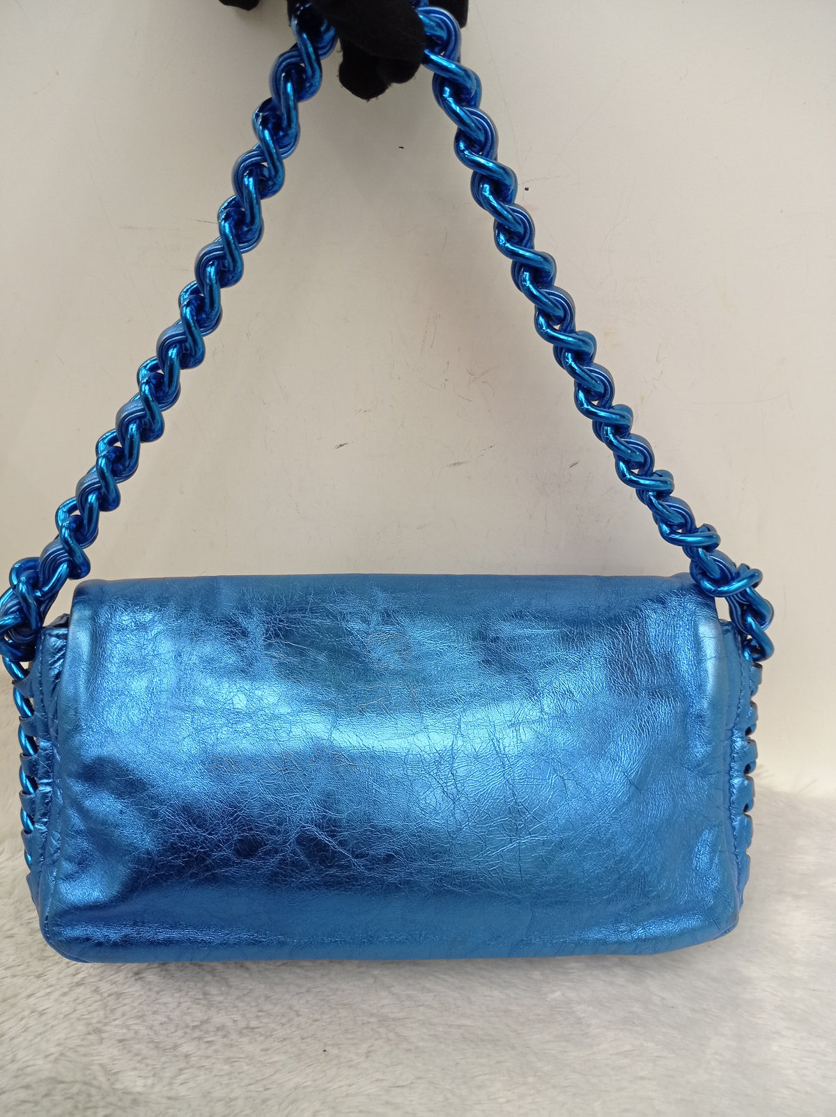 Chanel Modern Chain Flap Cracked Calfskin Metallic Blue #12