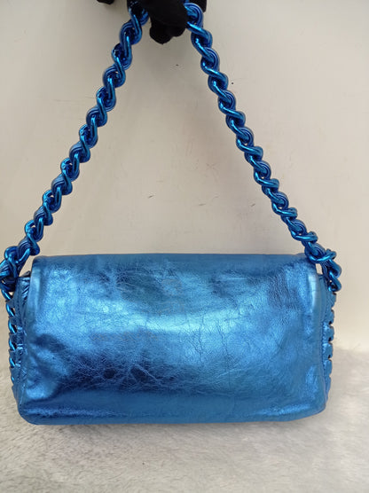 Chanel Modern Chain Flap Cracked Calfskin Metallic Blue #12