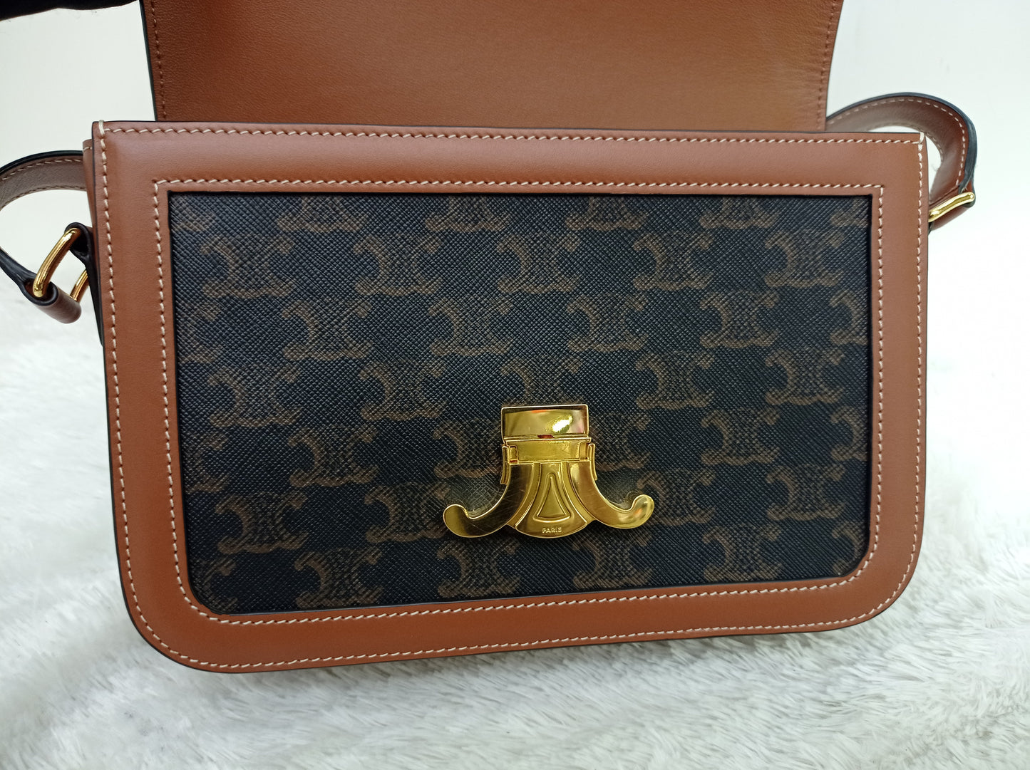 Celine Triomphe Medium Canvas Calfskin Border Tan GHW 2021