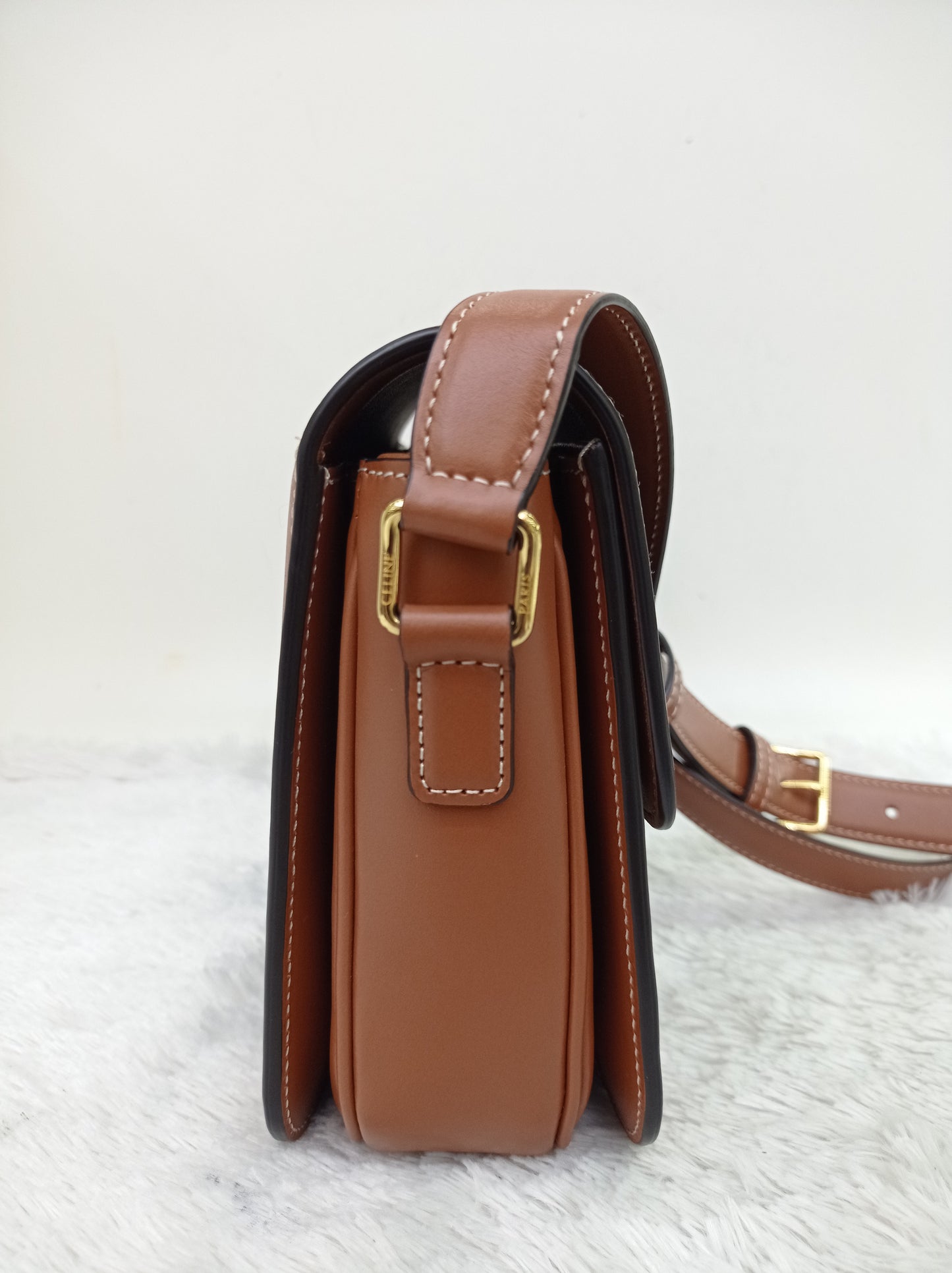 Celine Triomphe Medium Canvas Calfskin Border Tan GHW 2021