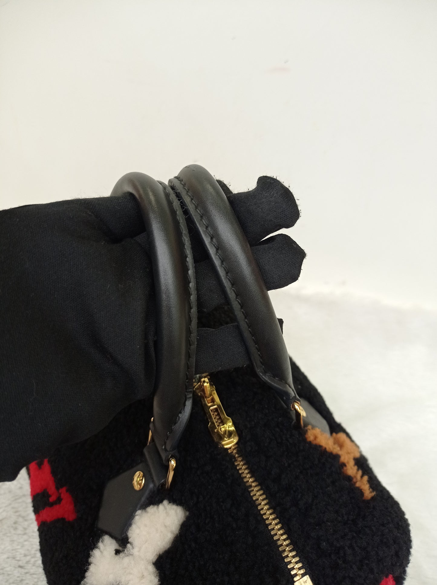 LV Bandou 25 Monogram Giant Fleece Teddy Shearling Black Red 2019
