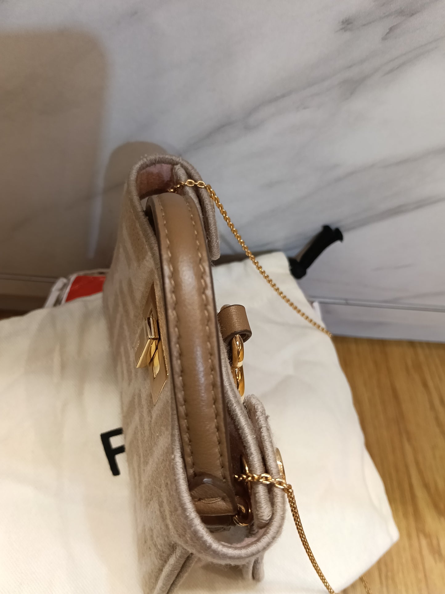 Fendi Peekaboo Nano Charm Embroidered FF Wool Beige Pink GHW