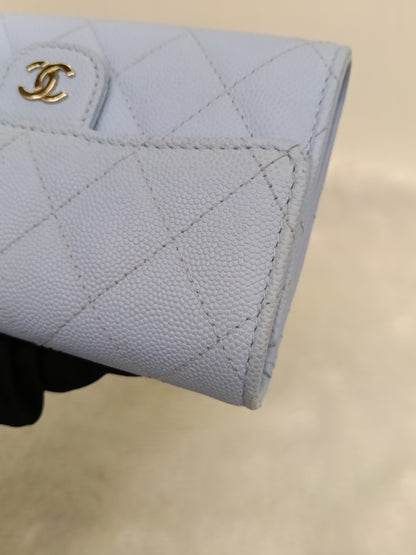 Chanel Trifold Wallet Caviar Light Blue LGHW (CHIP)