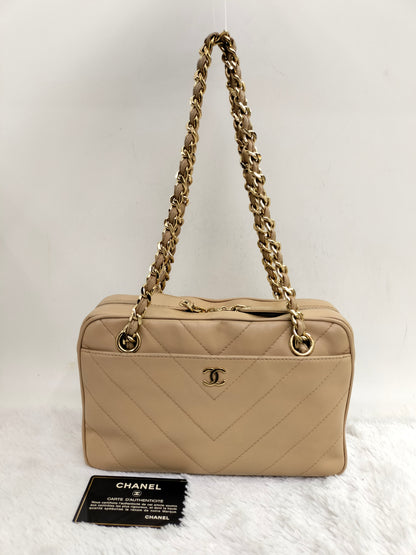 Chanel Camera Chevron Lamb Beige GHW #6