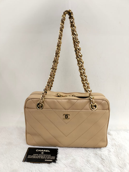 Chanel Camera Chevron Lamb Beige GHW #6