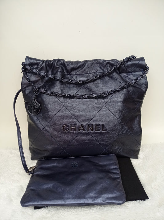 Chanel C22 Small Calfskin Iridescent Blue Metallic (CHIP)